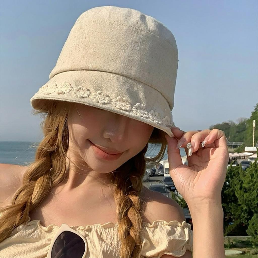 Cotton Linen Bucket Hat Breathable Face Flattering Hat Floral Embroidered Hat Thin Fabric For Daily Commuting Shopping Walking