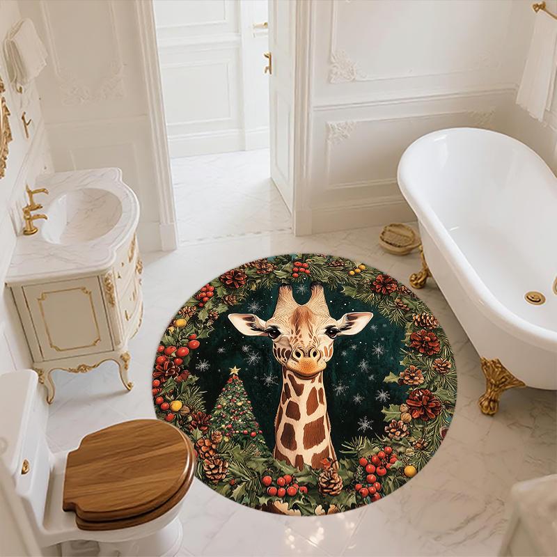 Runder Teppich mit Giraffen- und Kranzmuster, Teppich für Wohnzimmer, Schlafzimmer, Sofa, Spielzimmer-Dekor, Rutschfeste Bodenmatte, Feiertagsgeschenke und Geburtstagsgeschenke