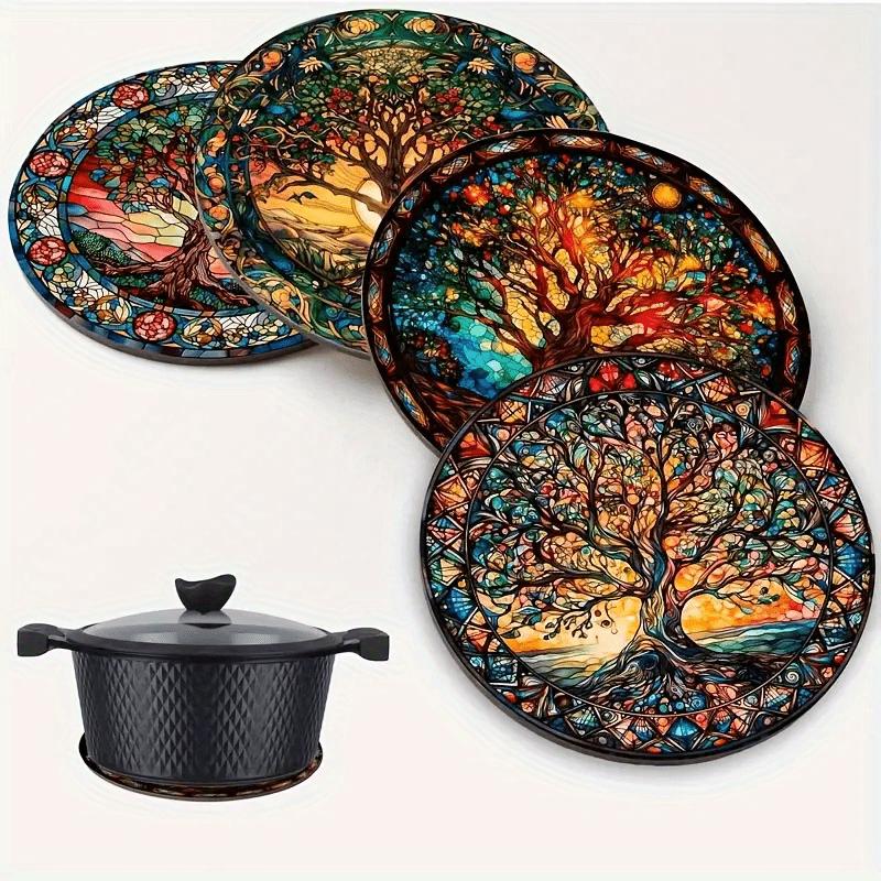 

Wooden Life Tree trivet set: 4 heat-resistant, non-slip coasters perfect for home, office, and holiday use. прозрачный