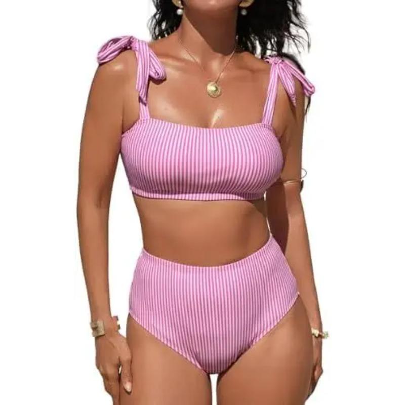 Women Two-piece Halter Vest Swimwear Sexy Striped Ruffle High Waisted Bikinis Set Female Bathing Suit Tie Strap Beachwear