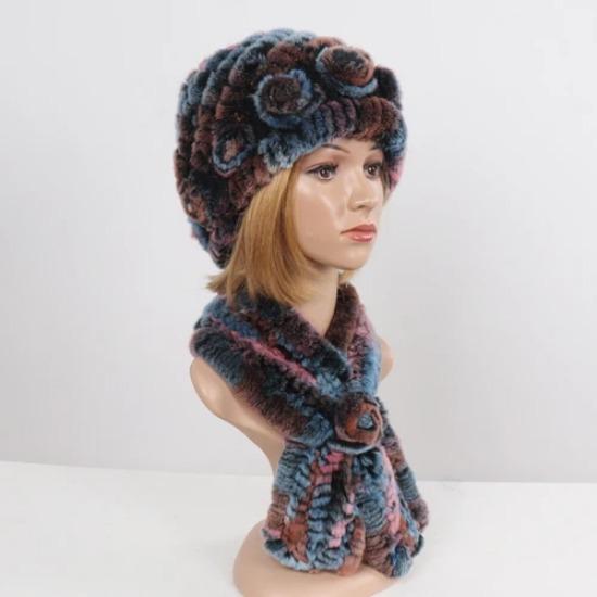 Hot Sale Lady Natural Fur Hats Scarves Sets Women Winter Knit Real Rex Rabbit Fur Hats Muffle 2 Pieces Real Fur Hat Scarf