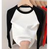 Top feminino de algodão com alta elasticidade, outono e inverno, vintage, contraste, raglan, cintura alta, manga comprida