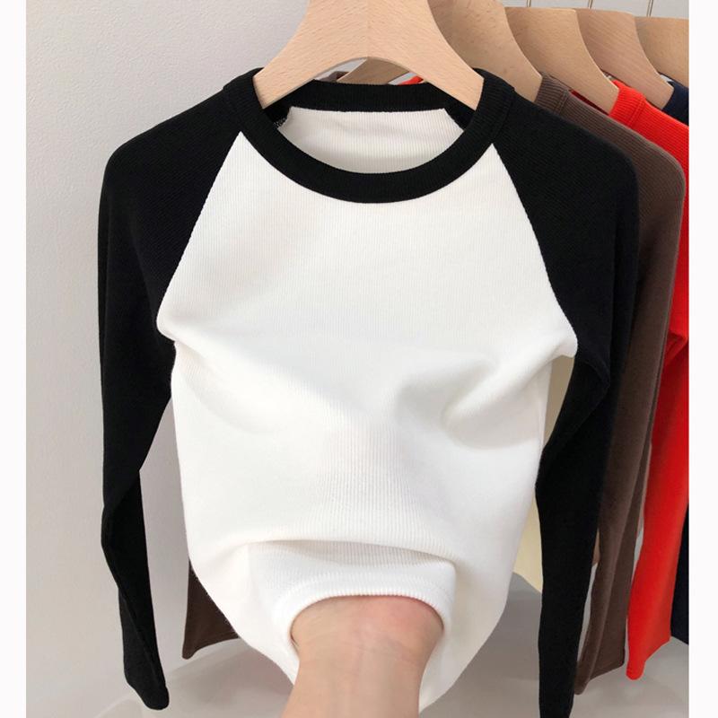 Top feminino de algodão com alta elasticidade, outono e inverno, vintage, contraste, raglan, cintura alta, manga comprida