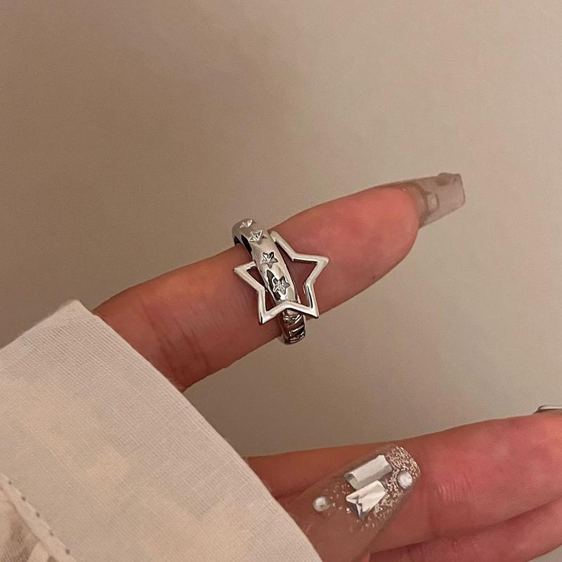 

Y2K Style Crystal Pentagonal Star Ring for Women Romantic Moon Hollowed Out Star Personality Metal Finger Rings Fashion Jewelry