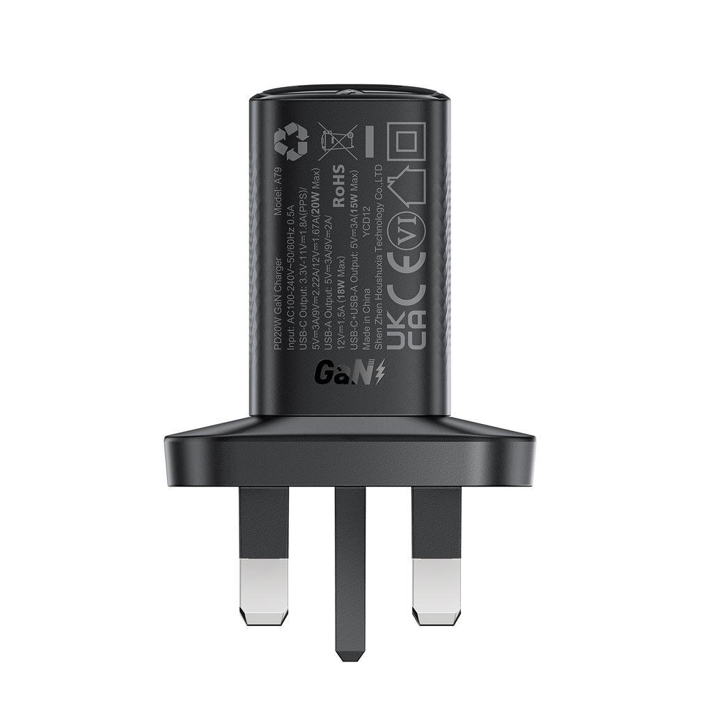 ACEFAST A79 PD 20W GaN Charger USB-C+USB-A Dual Port Phone Charger, UK Plug