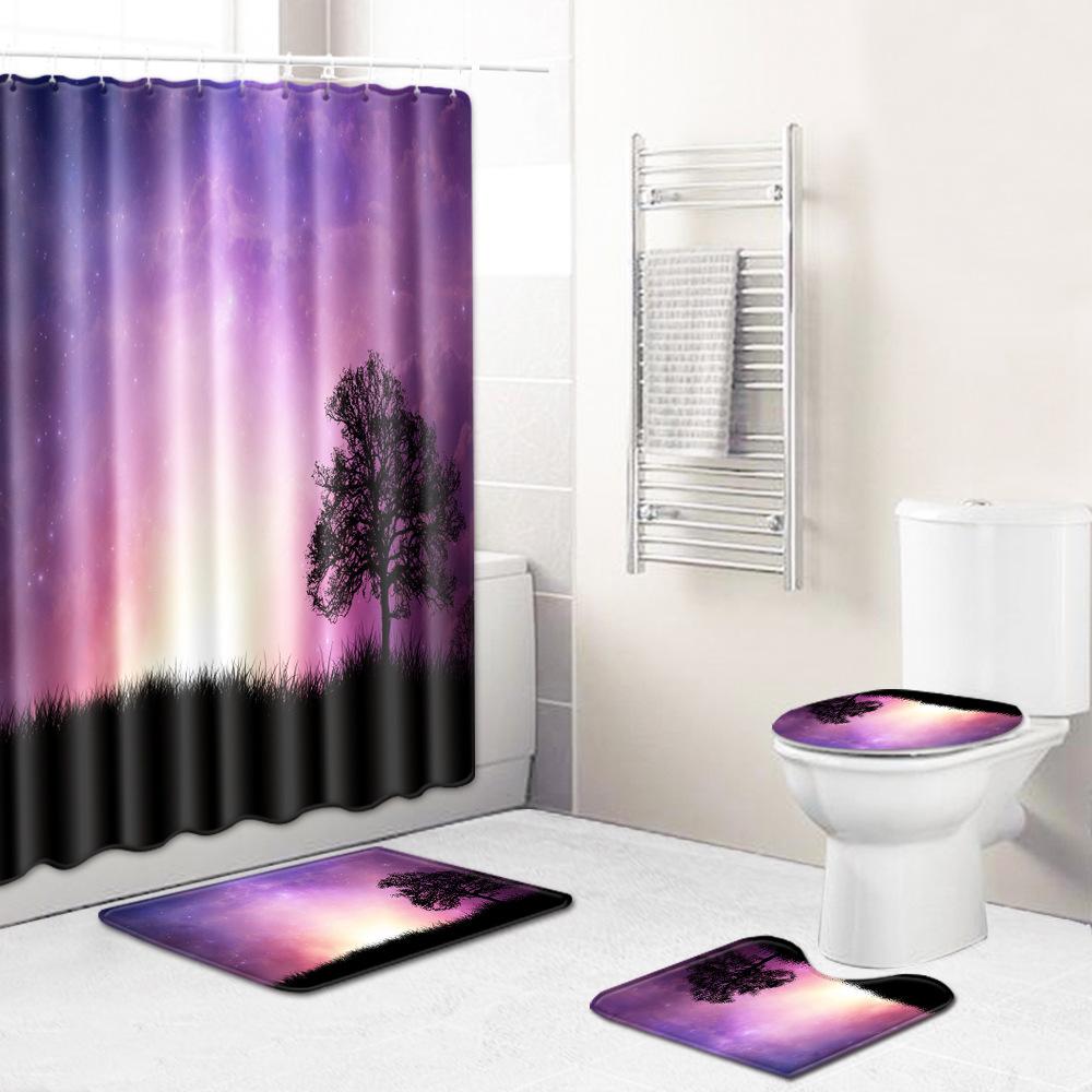 Landscape Shower Curtain Floor Mat Combination Four-Piece Set Bathroom Toilet Carpet Shower Room Mat Foot Mat