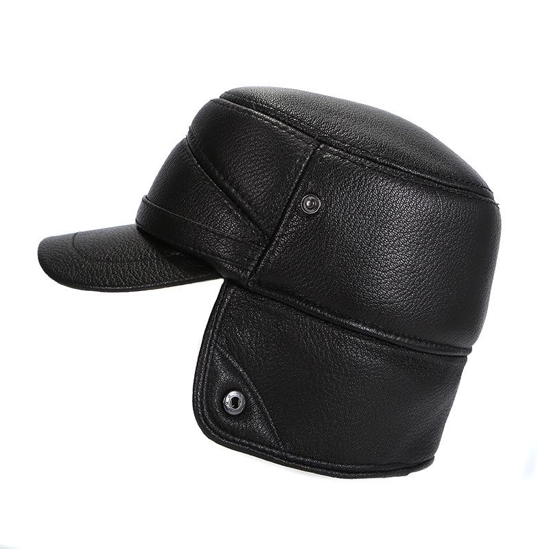 Men's Winter Cowhide Sheepskin Leather Hat - Thick, Warm Lei Feng Style for Middle-aged & Elderly