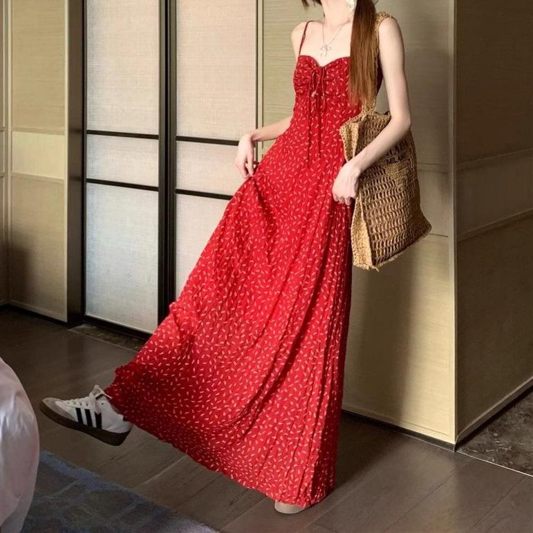 

Red Retro Floral A-Line Suspender Dress - Women s Summer Vacation Beachwear S