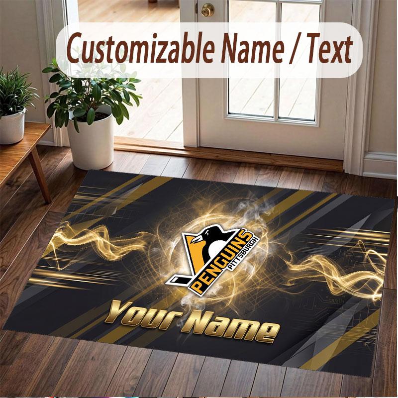 Custom Rug Pittsburgh Penguins Pattern Print Name Text Soft Non‑Slip Floor Carpet for Home Indoor Decoration