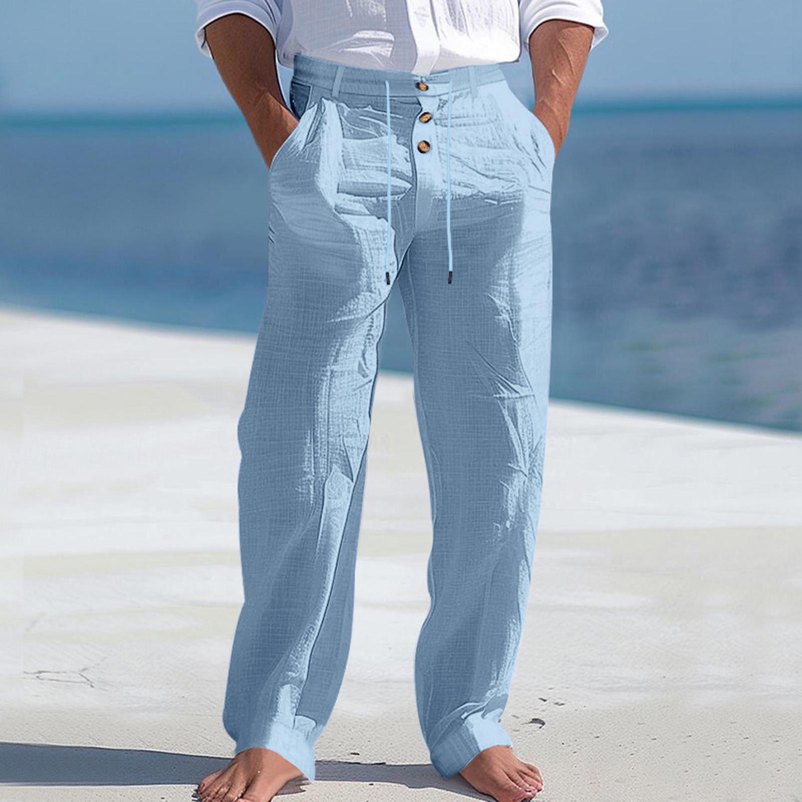 Мужские льняные брюки на кулиске  Пляжные повседневные спортивные брюки прямого кроя XXXL