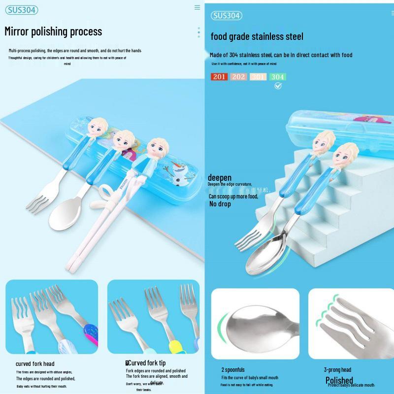 Disney 3D Cartoon Children's Stainless Steel Cutlery Set: Fork, Spoon, and Training Chopsticks