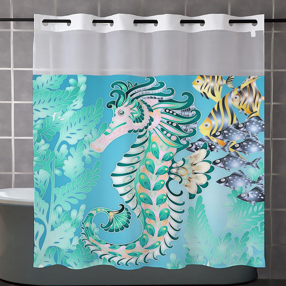 No Hook Hippocampus Pattern Shower Curtain With Snap-in Fabric Liner, Sheer Top Window, Waterproof Double Layer Bathtub Curtain