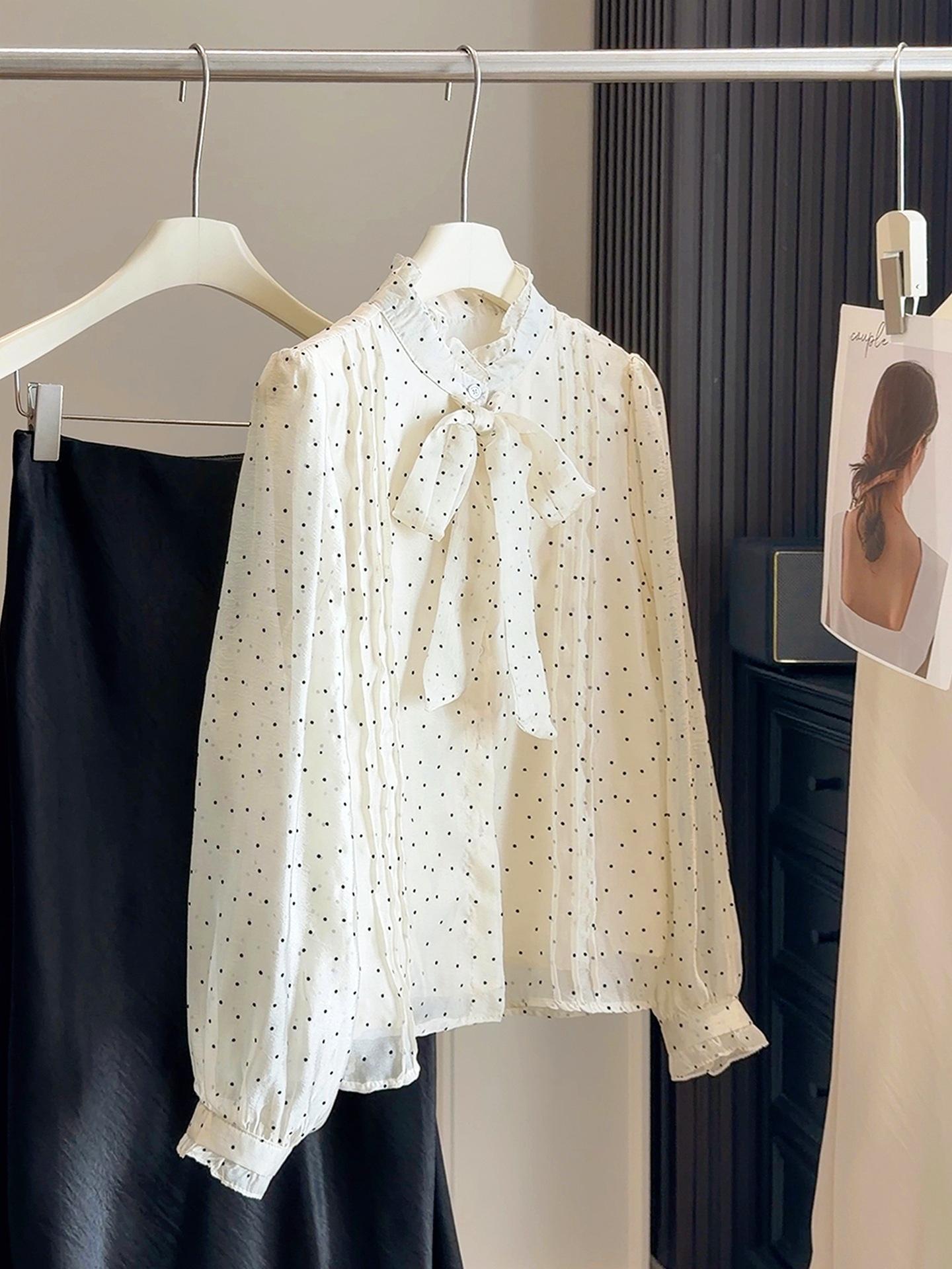 Women s Polka Dot Bow Lace-up Slimming Shirt - Spring/Summer 2026 Collection One Size абрикосовый