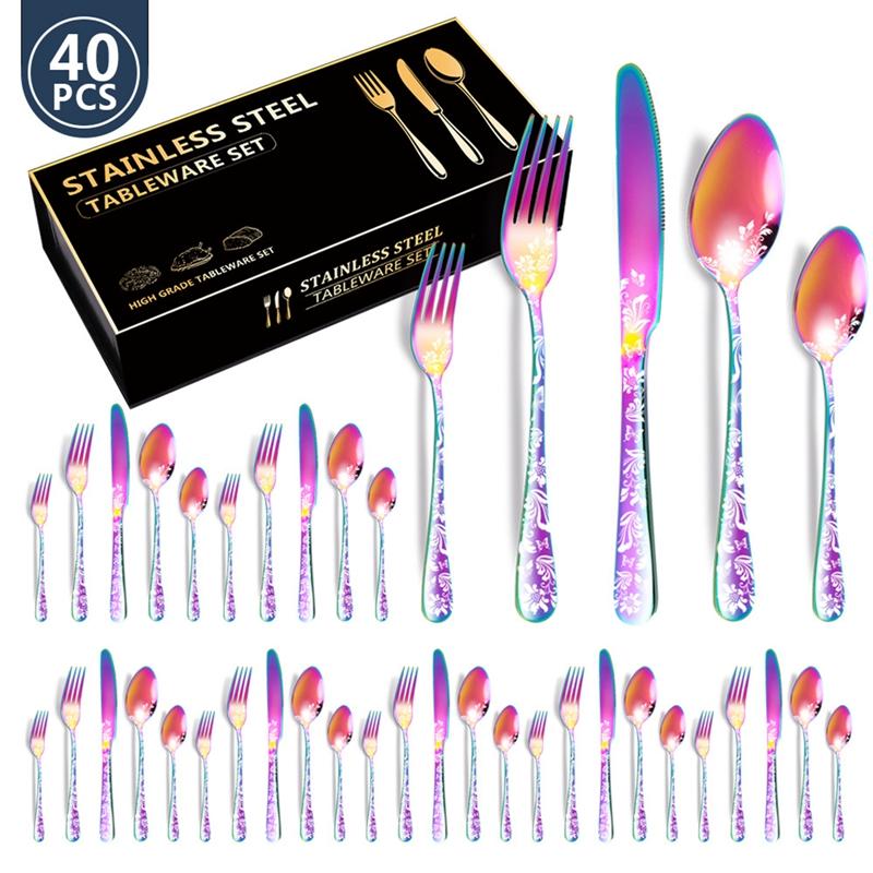 40Pcs Laser Christmas Pattern Flatware Set Stainless Steel Dinnerware Cutlery Set Black Knife Fork Kitchen Tableware Set New