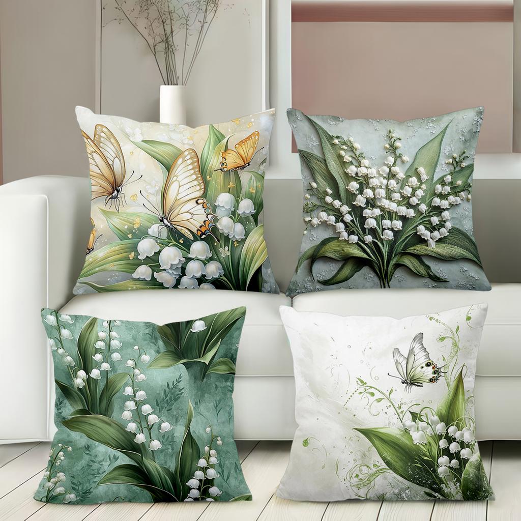 2D Flat Printing Lily of The Valley and Butterfly Pattern Cushions Polyester Pillowcase Sofa Decorative Cushion Cover