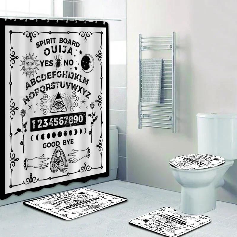 Funny Dancing Skeleton Magic Ouija Board Bathroom Shower Curtain Set Black Skull Bath Mats Rugs Witchy Halloween Home Decor