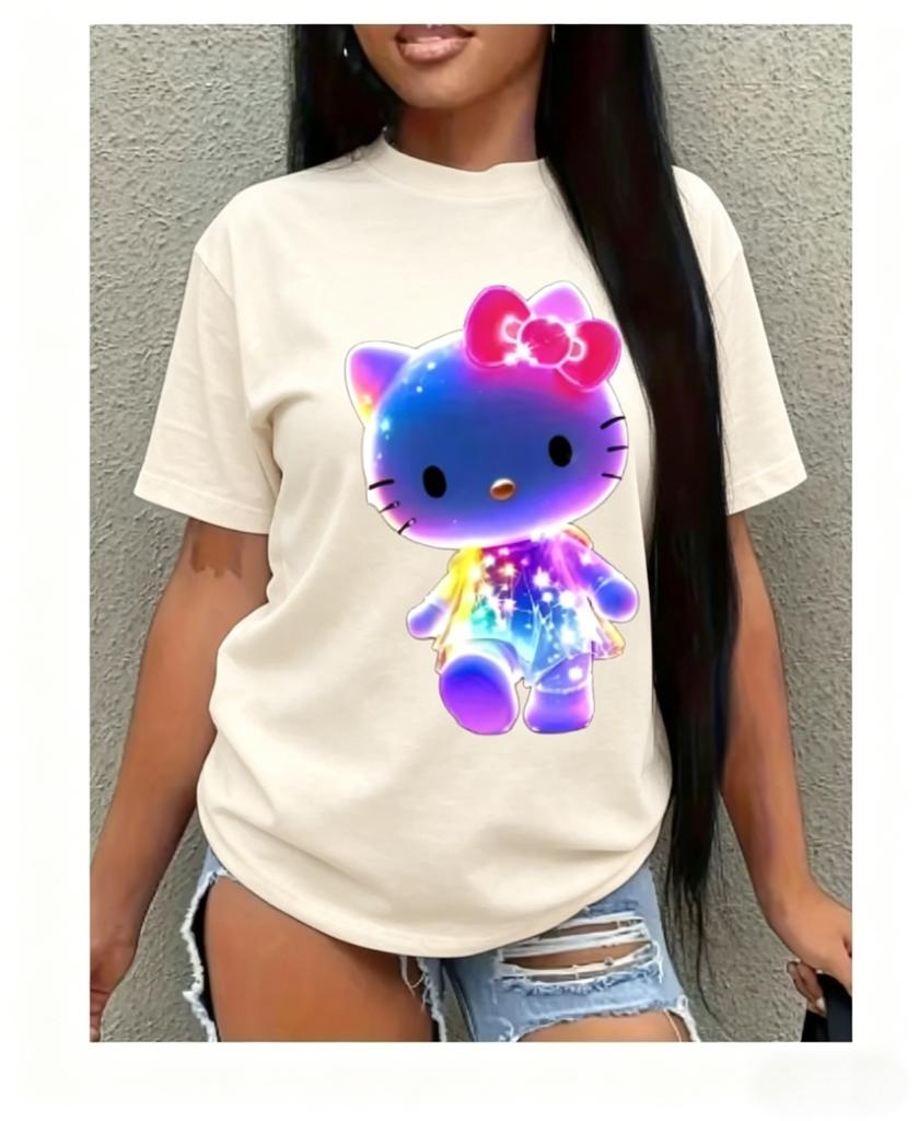 Sanrio Hello Kitty Neon Glow Grafik T-Shirt für Teenager Sommer Freizeit Kurzarm T-Shirt Lustiger Cartoon Druck Rundhals Oberteil