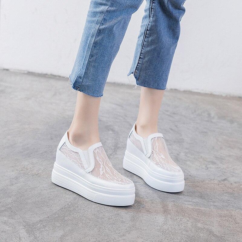 Fujin 9cm New Air Mesh Krajka Platforma Klín Letní Pohodlná Móda Vysoká značka Prodyšné Slip na tlusté podrážce Neformální módní boty