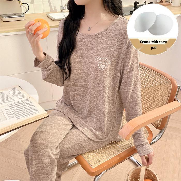 

Women s Spring Long Sleeve Pajama Set with Chest Pads - Casual, Solid Color, Suitable for Outdoors XL мальвовый