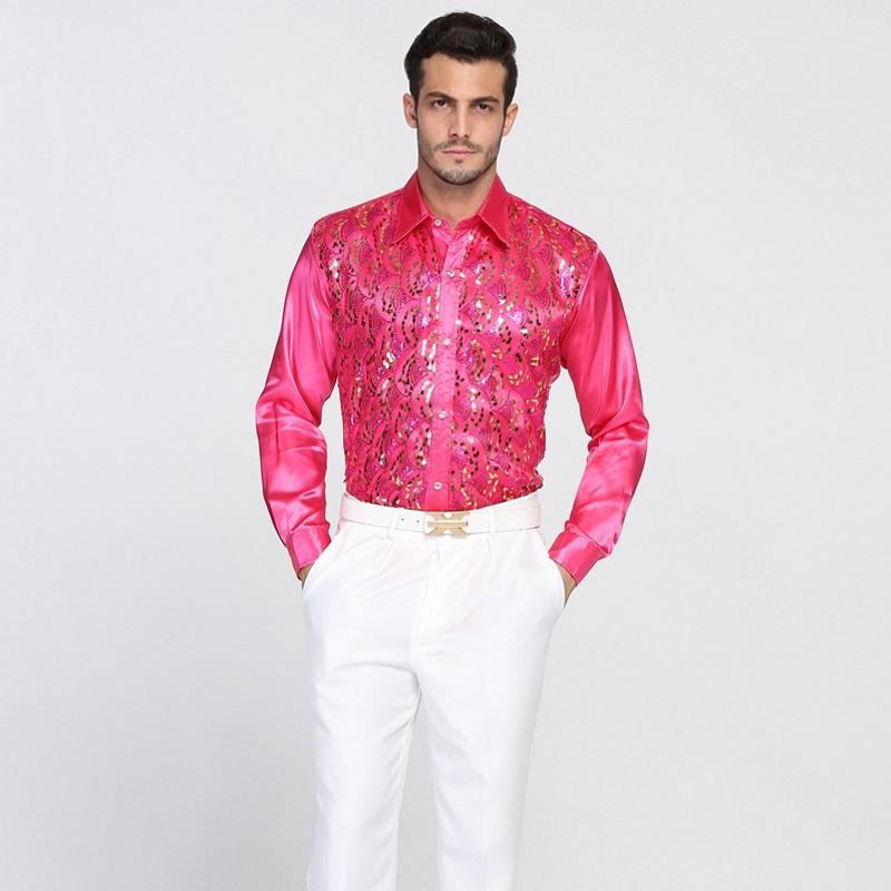 Men's Luxury Sequined Shirt Form-fitting Formal Shirt for Wedding Single-breasted Shirt with Long Sleeves Lapels