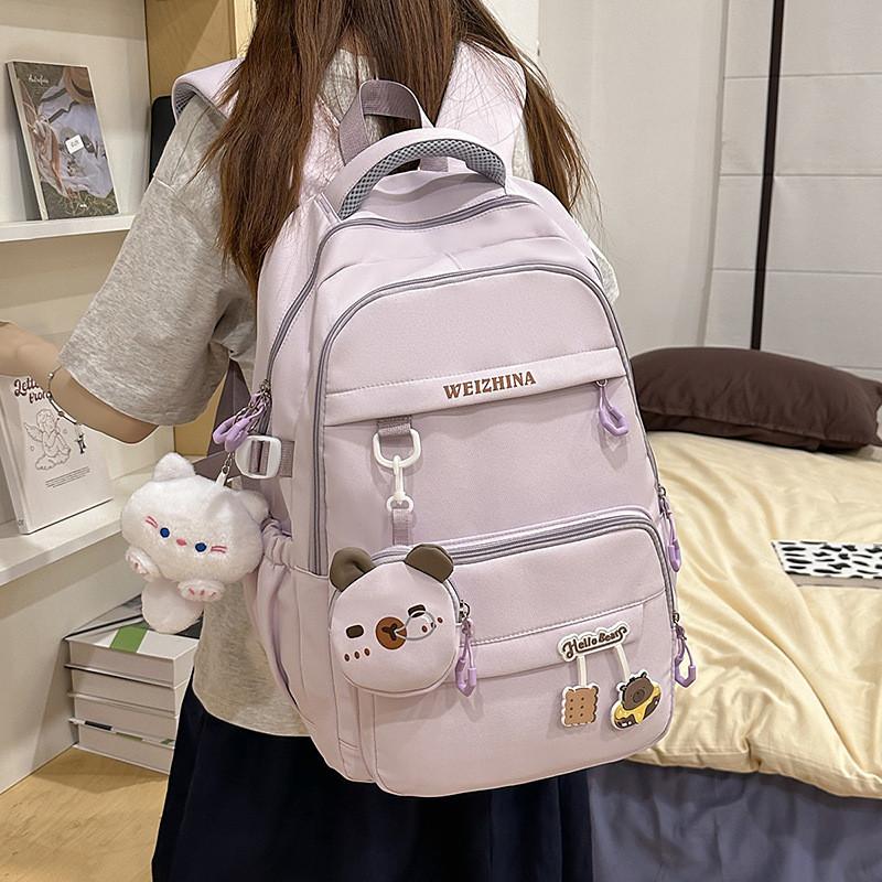 Color Solid Simple Letter Pattern Student Backpack With Decoration Pendant