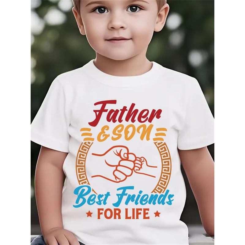 European sizes Summer Fashion Boys' Short Sleeve T-Shirt with Cartoon Pattern and "FATHER & SON BEST FRIENDS for LIFE" Letter Print Casual Top