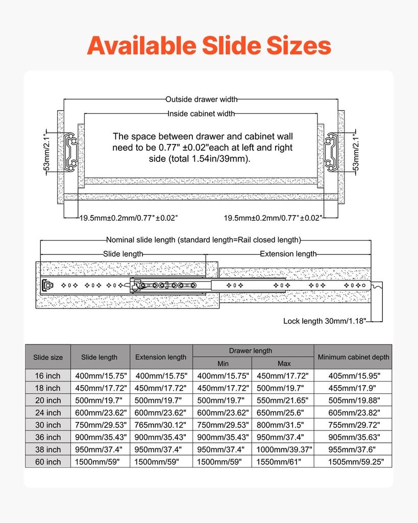 1 Pair 16-60 in Soft-Close Drawer Slides Ball Bearing Full Extension