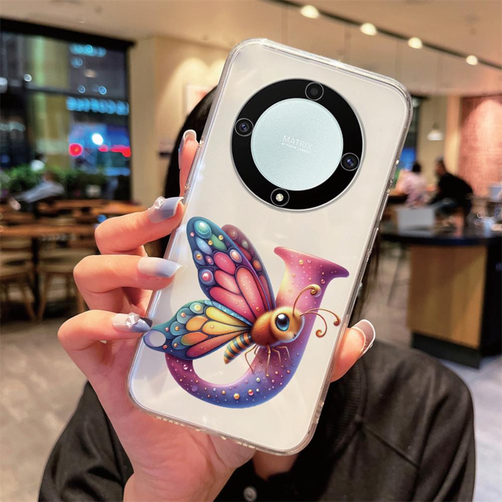 For Honor X9b X9a X9c Magic5 6 7 Lite Blue Butterfly Flower Letters A-Z Transparent Clear Women Phone Case Silicone Bumper Cover