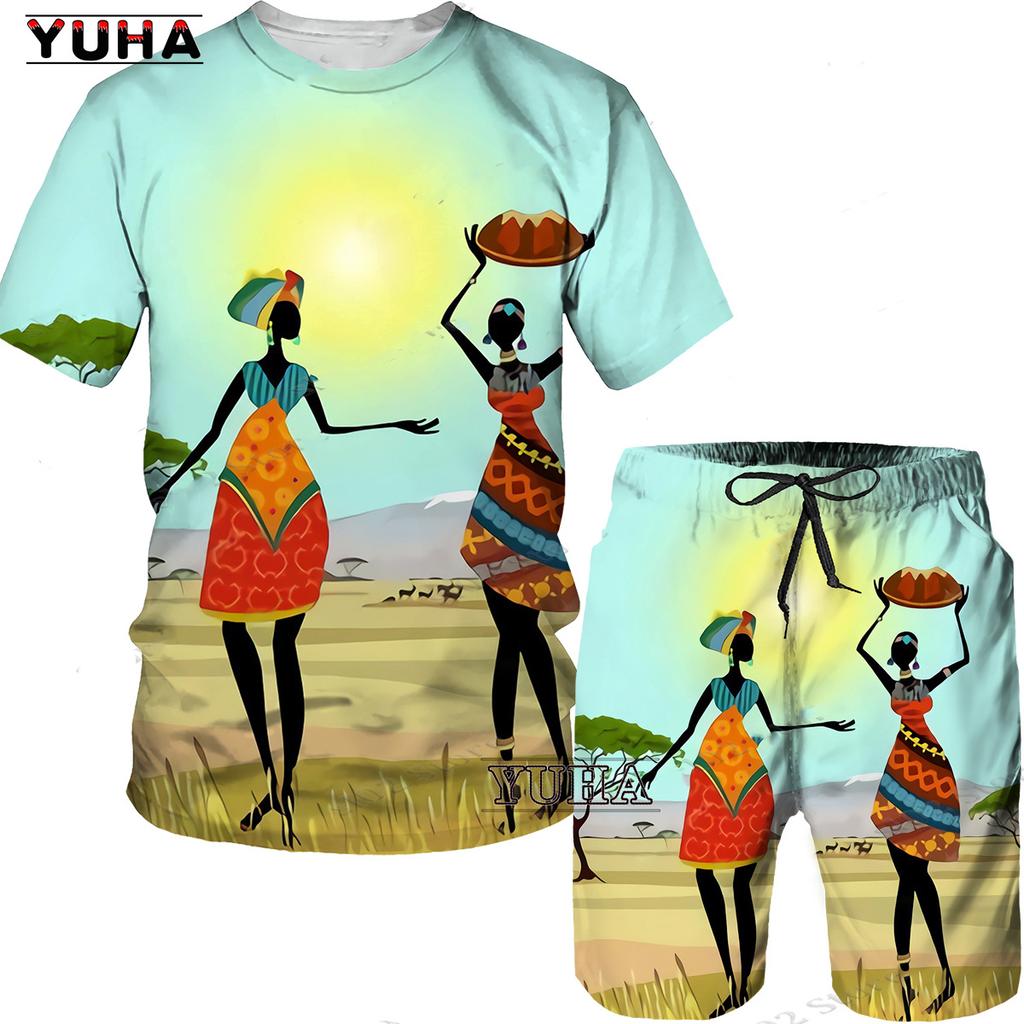 YUHA,Short Sleeve Plus Size Men Retro Ethnic Print Tracksuit Couple Dashiki Clothes Summer African Men's T Shirt Shorts Two Piec