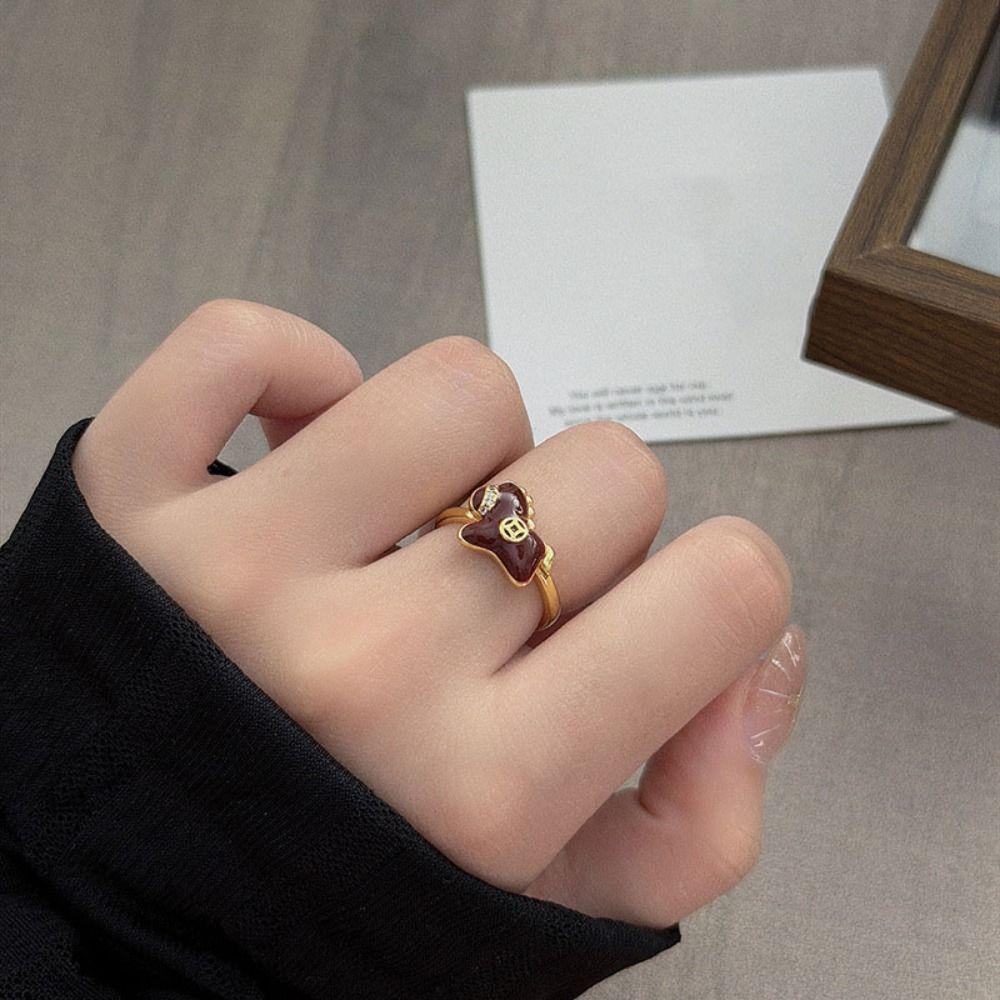 Cartoon Zodiac Horse Ring Adjustable Opening Ring Stackable New Year Drip Oil Ring Decoration