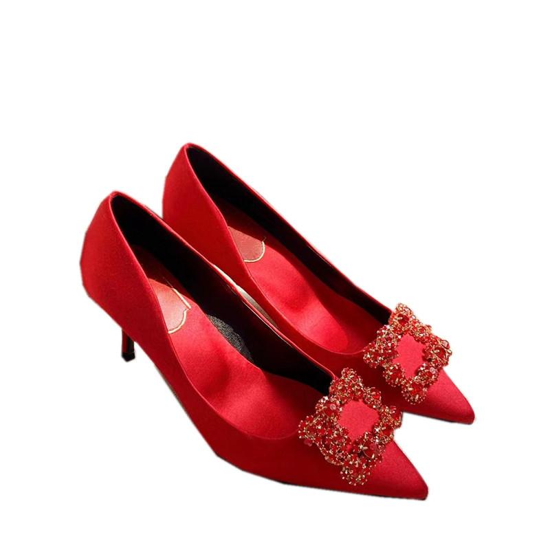 Buty Ślubne Szpilki Kwadratowa Klamra Jednokolorowe Buty Damskie Nowe Wiosenne Skórzane Płatek Śniegu Jedwabne Szpilki