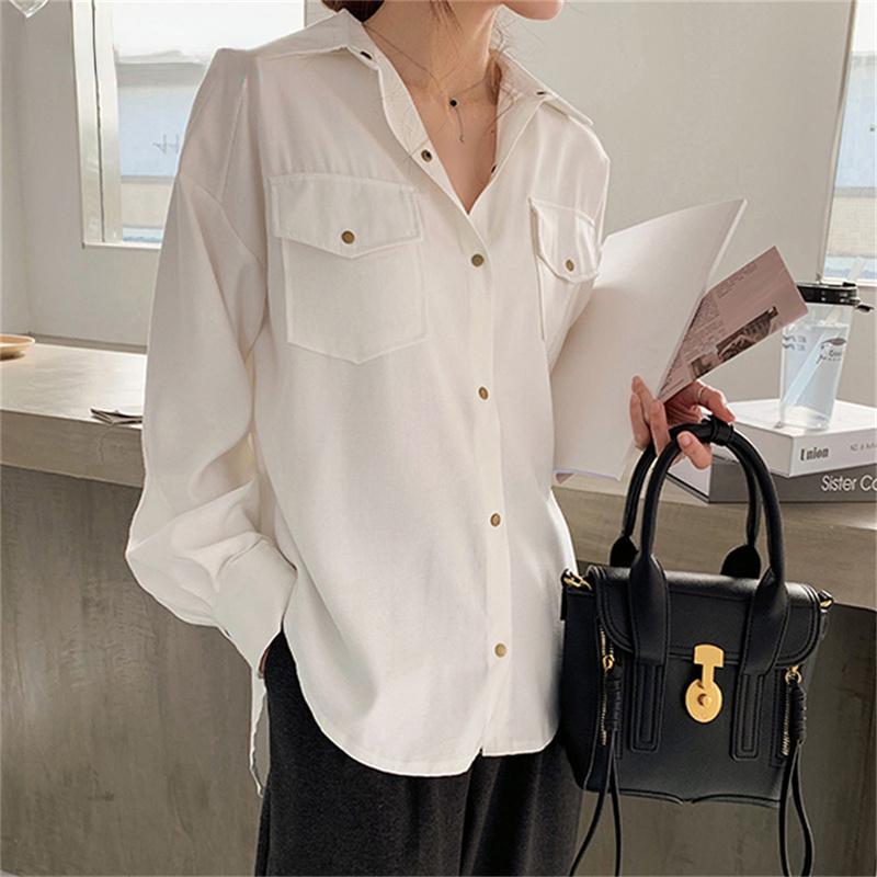 2022 Bílá elegantní košile s knoflíky pro ženy podzimní novinka s volným dlouhým rukávem halenka na opalování bunda dámské vintage topy blůzy Mujer