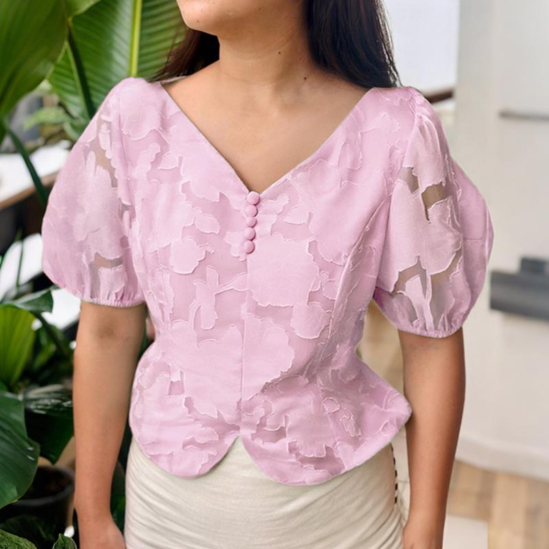 

ZANZEA Женская повседневная блузка с V-образным вырезом, пышными рукавами и летним кружевом 3XL розовый