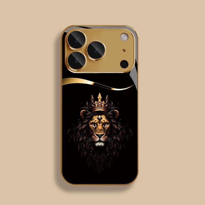 Custodia in Vetro con Fantasia Leone Corona Raffinata Vernice Metallica Oro Per iPhone 11 12 13 14 15 16 17 Pro Max 14 Plus 17 Air 16E Cover