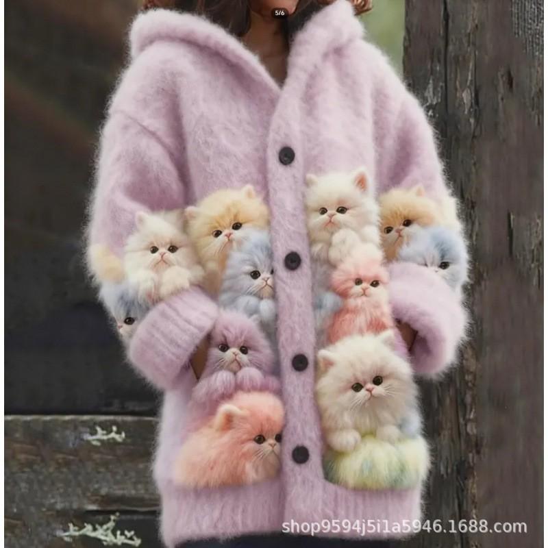 Womens 3D Cat Print Hooded Cardigan Sweater Coat Long Sleeve Thick Casual Outerwear