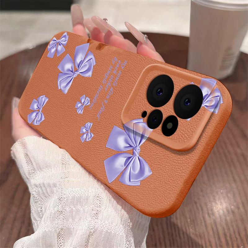 Purple Bowknot Print Leather Texture TPU Matte Case For Xiaomi 13T Poco X6 M6 Redmi Note 14 Pro 13 12 11 Lens Protection Soft Shockproof Phone Cover