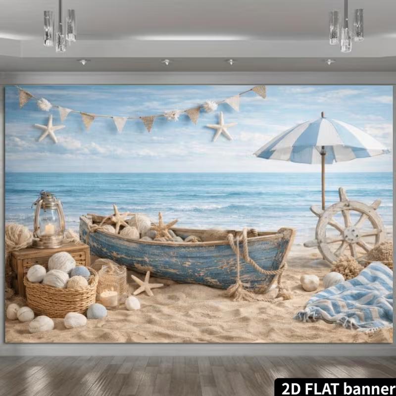 2D Vintage Beach Boat Backdrop for Summer Photoshoot