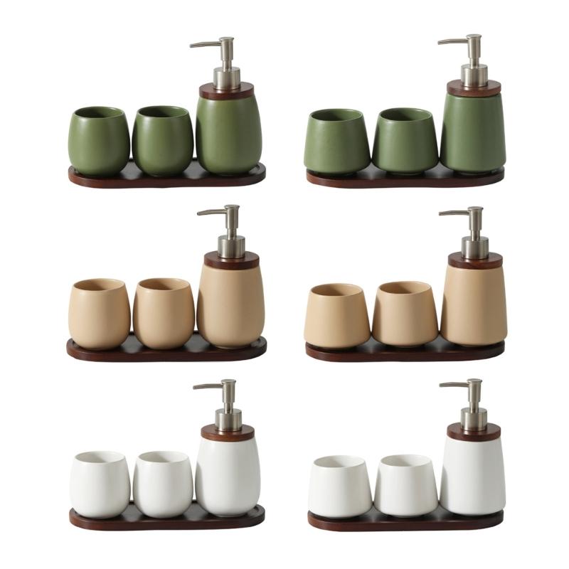 Nordic Design Ceramic Mouthwash Mugs Soap Dispenser Set with Wooden Tray Perfect For Coffee Room Home Toothbrush Storage