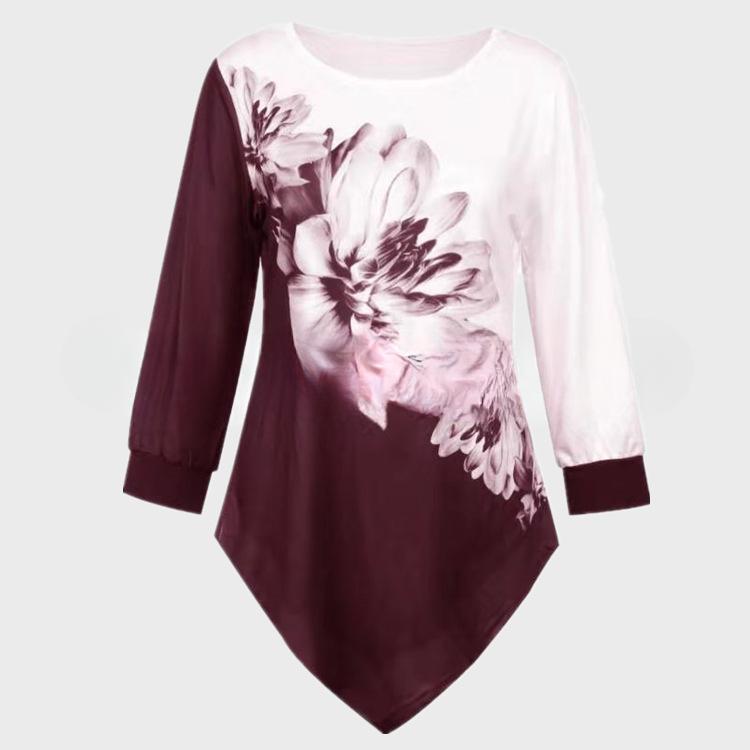 QICED Autumn Printed Casual O-Neck Loose Fit Irregular Hem Women's Shirt