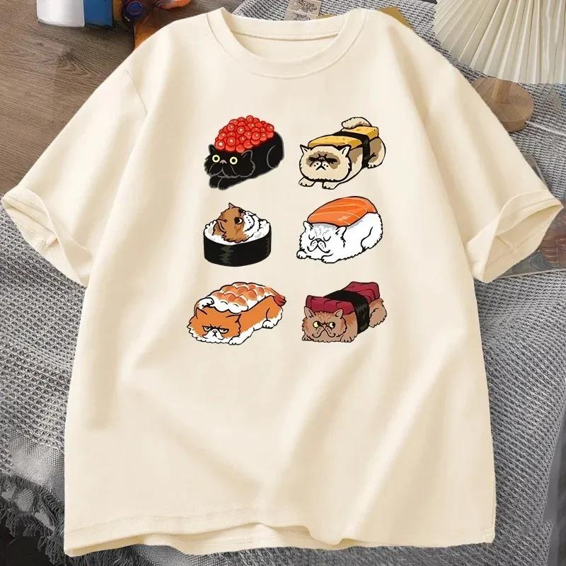 T-shirt Kawaii Chat Mignon Sushi Femme Y2k T-shirt Été Manches Courtes T-shirt Impression Cartoon T-shirts Vêtements Femme