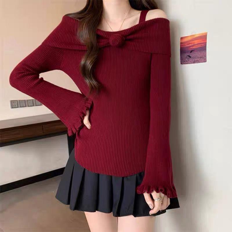 

Autumn and winter new long-sleeved knitted sweater top female Korean version Spice Girl off-the-shoulder flared sleeve with knitted bottoming shirt one size fits all [recommended 40-62.5kg ] красный