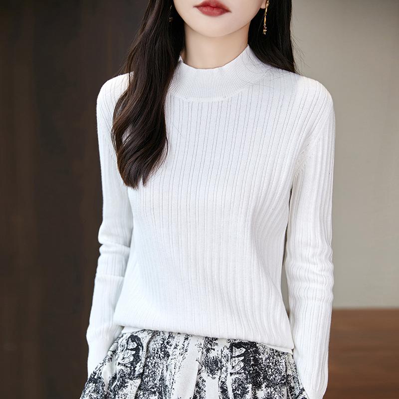 Women's Uneven Stripe Ribbed Cotton Knit Sweater - Half-High Neck Autumn/Winter Inner Layer Top