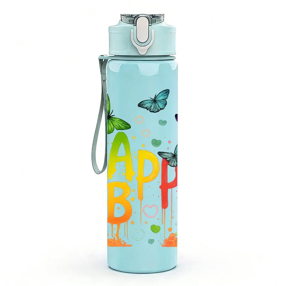 1PC Happy B Letter Butterfly 750ml Color Plastic Sports Water Bottle Leakproof Flip Straw Lid Suitable for Sports Office Home Use