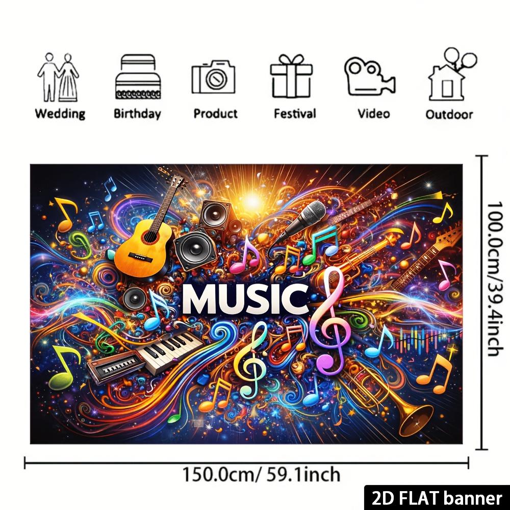 2D Colorful Music Theme Backdrop Guitar Microphone Colorful Music Notes Colorful Printed with MUSIC Durable No Power Required For Music