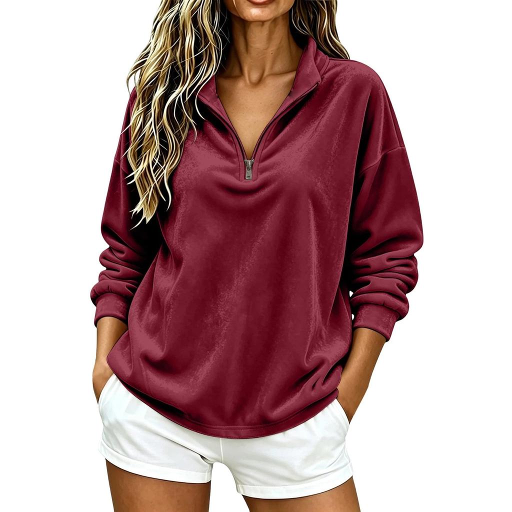 Women's Velvet Zip Up Long Sleeve Top Casual Color Shirt for Everyday Wear