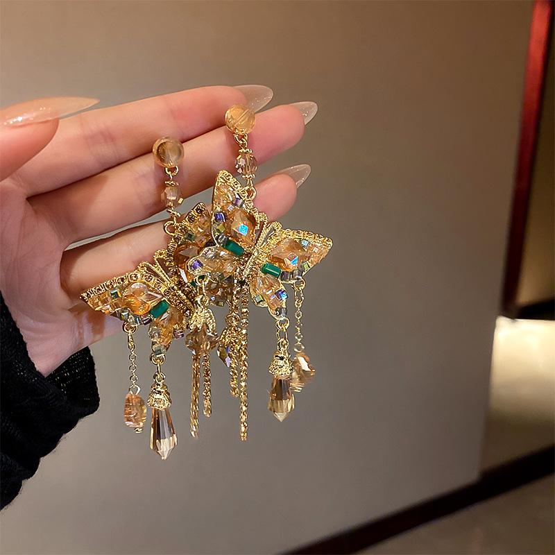 Ethnic style flower fringed earrings niche and versatile Chinese style earrings temperament light luxury high-end earrings women