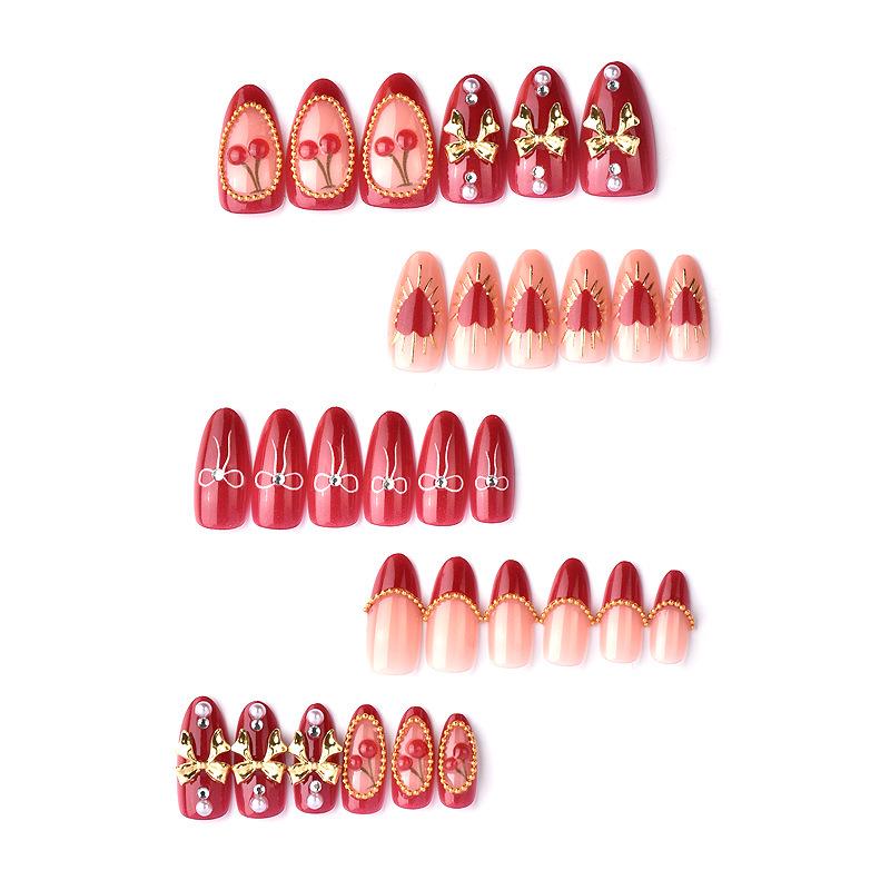 30-Piece 3D Valentine's Day Almond Nails with Gilded Bow and Heart Design