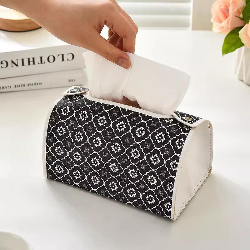 Nordic Luxury Retro Leather Tissue Box in Black and White Plaid Design