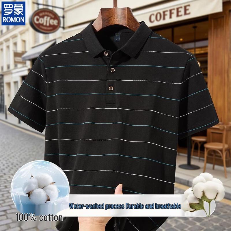 ROMON Men s Mercerized Cotton Striped Polo T-Shirt M
