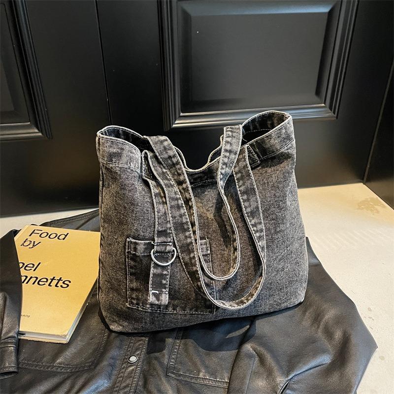 New denim shoulder bag women's casual simple girl tote bag student portable make-up bag